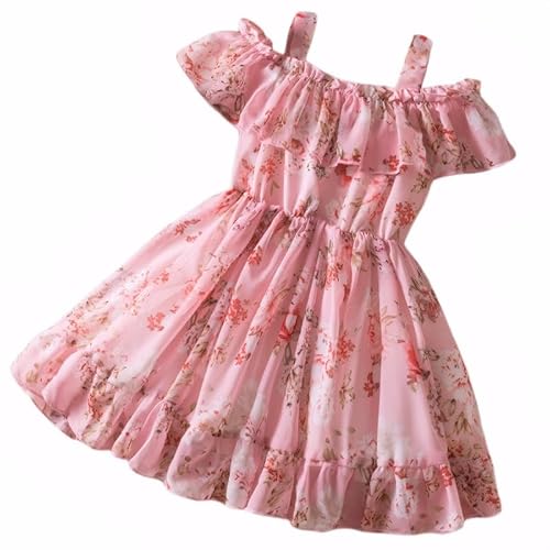JiAmy Mädchen Kleid Kinder Blumenmuster Schulterfrei Sommerkleid Chiffon Rüschensaum Party Prinzessin Kleider für 3-4 Jahre (Etikett:3Y) von JiAmy