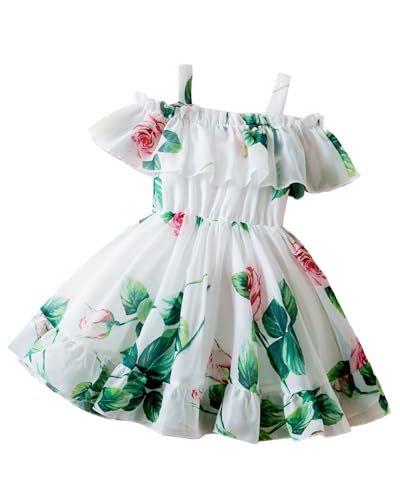 JiAmy Mädchen Kleid Kinder Blumenmuster Schulterfrei Sommerkleid Chiffon Rüschensaum Party Prinzessin Kleider für 3-4 Jahre (Etikett:3Y) von JiAmy