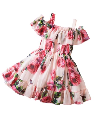 JiAmy Mädchen Kleid Kinder Blumenmuster Schulterfrei Sommerkleid Chiffon Rüschensaum Party Prinzessin Kleider für 4-5 Jahre (Etikett:4Y) von JiAmy