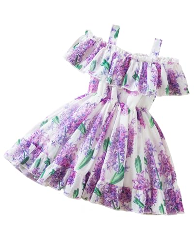 JiAmy Mädchen Kleid Kinder Blumenmuster Schulterfrei Sommerkleid Chiffon Rüschensaum Party Prinzessin Kleider für 4-5 Jahre (Etikett:4Y) von JiAmy