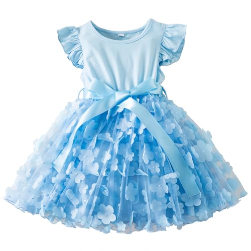 JiAmy Mädchen Kleid Kleinkind Rüschen Kurzarm Schmetterling Print Tüll Kleid Patchwork Bowknot Frühling Sommer Party Kleidung für Mädchen 3-4 Jahre Blau von JiAmy