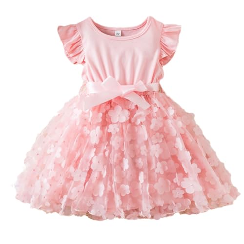JiAmy Mädchen Kleid Kleinkind Rüschen Kurzarm Schmetterling Print Tüll Kleid Patchwork Bowknot Frühling Sommer Party Kleidung für Mädchen 5-6 Jahre Rosa von JiAmy