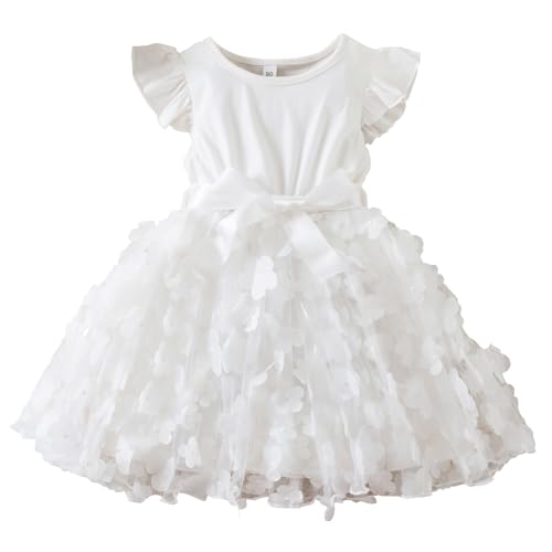 JiAmy Mädchen Kleid Kleinkind Rüschen Kurzarm Schmetterling Print Tüll Kleid Patchwork Bowknot Frühling Sommer Party Kleidung für Mädchen 5-6 Jahre Weiß von JiAmy