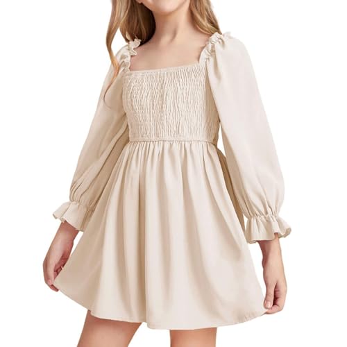 JiAmy Mädchen Kleid Langarm Quadratischer Ausschnitt A-Linie Kleider Frühling Sommer Kinder Freizeit Elegante Hochzeit Party Festlich Kleidung für Mädchen 11-12 Jahre Beige von JiAmy
