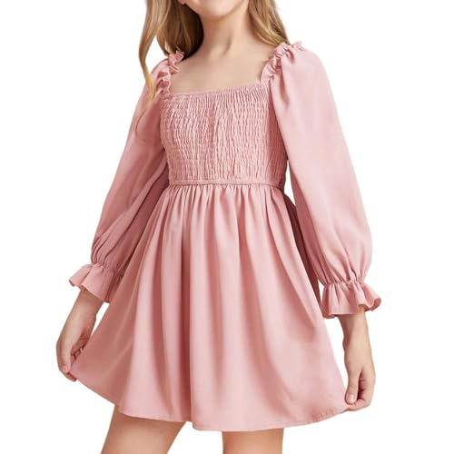 JiAmy Mädchen Kleid Langarm Quadratischer Ausschnitt A-Linie Kleider Frühling Sommer Kinder Freizeit Elegante Hochzeit Party Festlich Kleidung für Mädchen 13-14 Jahre Rosa von JiAmy