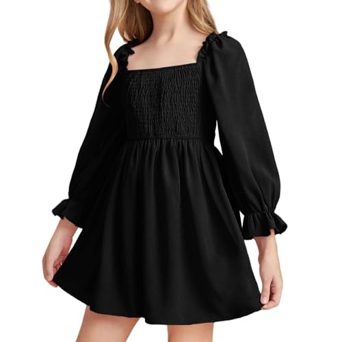 JiAmy Mädchen Kleid Langarm Quadratischer Ausschnitt A-Linie Kleider Frühling Sommer Kinder Freizeit Elegante Hochzeit Party Festlich Kleidung für Mädchen 13-14 Jahre Schwarz von JiAmy