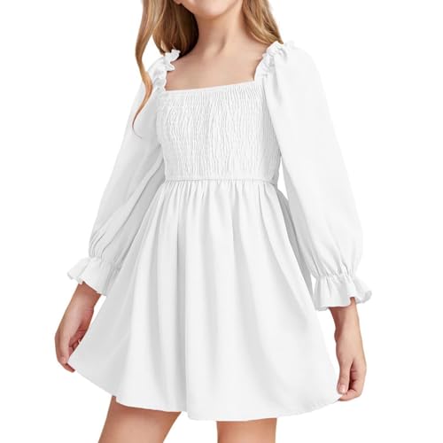 JiAmy Mädchen Kleid Langarm Quadratischer Ausschnitt A-Linie Kleider Frühling Sommer Kinder Freizeit Elegante Hochzeit Party Festlich Kleidung für Mädchen 4-5 Jahre Weiß von JiAmy