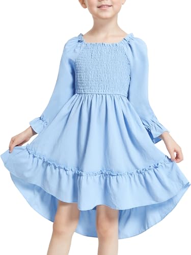 JiAmy Mädchen Kleid Langarm Unterschiedlicher Saumlänge Kinder Rüschen Prinzessin Elegant Kleider A-Linie Gespickt Elastisch Quadratischer Hals Frühling Herbst Partykleid für 4-5 Jahre, Hellblau von JiAmy