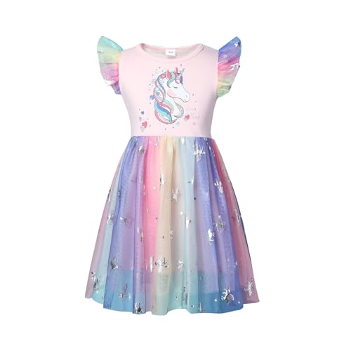 JiAmy Mädchen Kleid Rüschen Kurzärmel Einhorn Regenbogen Pailletten Tüll Sommerkleider Kinder Hochzeit Geburtstag Party Prinzessin Kleider für Mädchen 3-4 Jahre Hellrosa von JiAmy