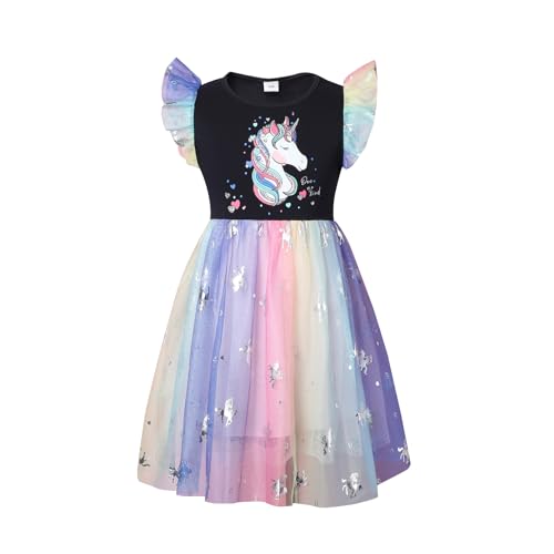 JiAmy Mädchen Kleid Rüschen Kurzärmel Einhorn Regenbogen Pailletten Tüll Sommerkleider Kinder Hochzeit Geburtstag Party Prinzessin Kleider für Mädchen 3-4 Jahre Marineblau von JiAmy