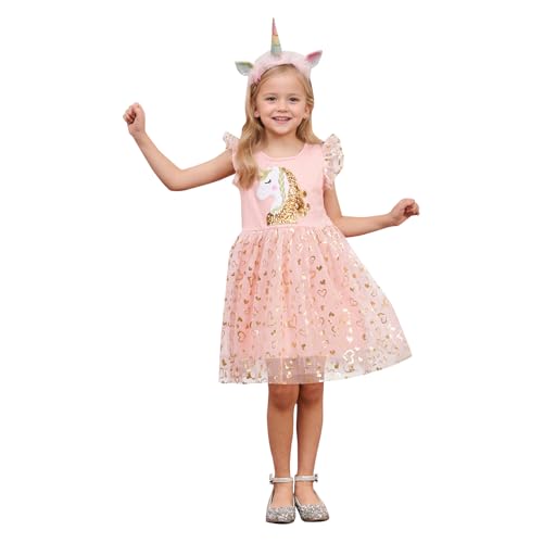 JiAmy Mädchen Kleid Rüschen Kurzärmel Einhorn Regenbogen Pailletten Tüll Sommerkleider Kinder Hochzeit Geburtstag Party Prinzessin Kleider für Mädchen 6-7 Jahre Rosa von JiAmy