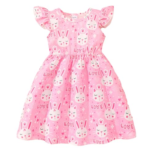 JiAmy Mädchen Kleid Rüschen Kurzarm Einhorn Cartoon Prints Bunte Tüll Kleider Kleinkind Frühling Sommer Party Prinzessin Kleidung für 3-4 Jahre Rosa Kaninchen von JiAmy
