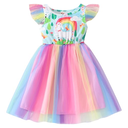 JiAmy Mädchen Kleid Rüschen Kurzarm Einhorn Prints Regenbogen Tüll Kleider Kinder Frühling Sommer Hochzeit Party Prinzessin Kleidung für 5-6 Jahre Grün von JiAmy