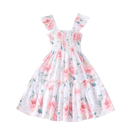 JiAmy Mädchen Kleider Ärmelloses Einhorn Blumen Schmetterling Sommerkleid Kinderkleid Frühling Sommer A-Linie Festlicheskleid für 5-6 Jahre Weiße Blume von JiAmy