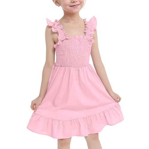 JiAmy Mädchen Kleider Ärmelloses Kinderkleider Sommer Swing Kleid Mädchen Rüschen Trägerkleid Kinder A-Linie Freizeitkleid Vintage Kleider für 4-12 Jahre 110,Rosa von JiAmy