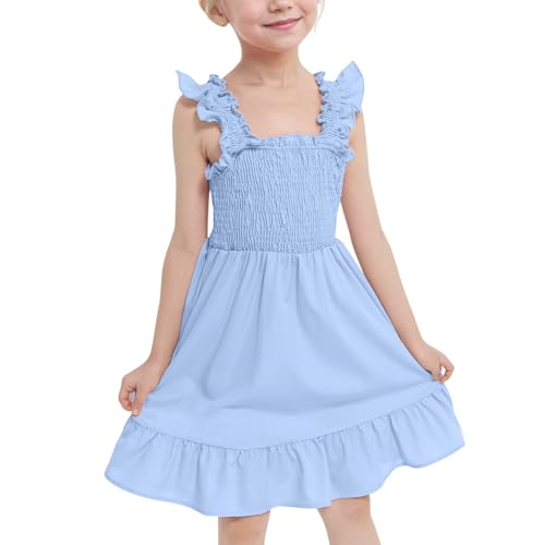 JiAmy Mädchen Kleider Ärmelloses Kinderkleider Sommer Swing Kleid Mädchen Rüschen Trägerkleid Kinder A-Linie Freizeitkleid Vintage Kleider für 4-12 Jahre 120,Blau von JiAmy