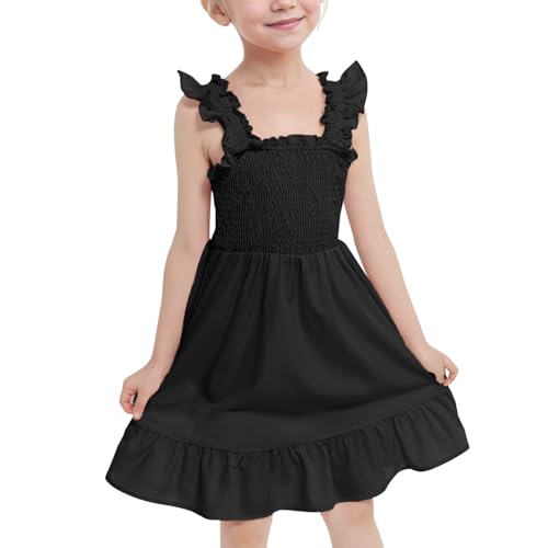 JiAmy Mädchen Kleider Ärmelloses Kinderkleider Sommer Swing Kleid Mädchen Rüschen Trägerkleid Kinder A-Linie Freizeitkleid Vintage Kleider für 4-12 Jahre 150,Schwarz von JiAmy