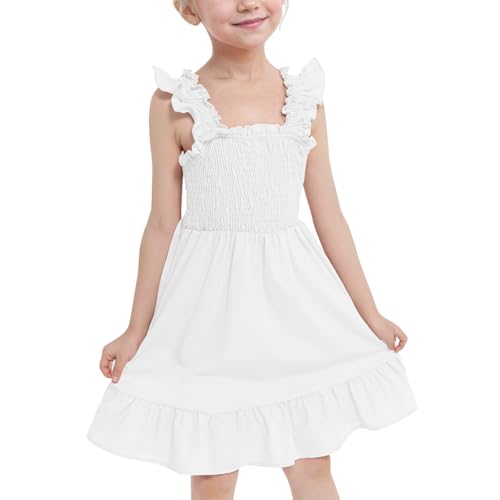 JiAmy Mädchen Kleider Ärmelloses Kinderkleider Sommer Swing Kleid Mädchen Rüschen Trägerkleid Kinder A-Linie Freizeitkleid Vintage Kleider für 4-12 Jahre 150,Weiß von JiAmy