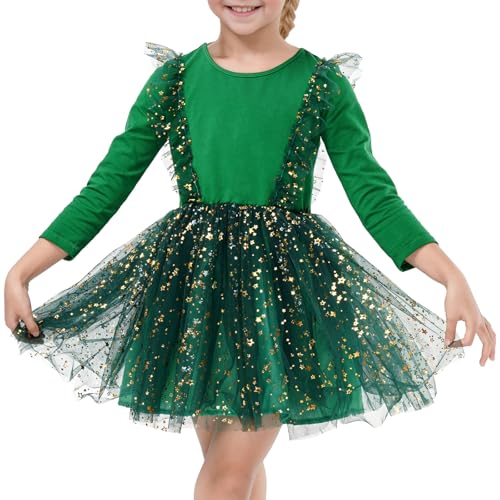 JiAmy Mädchen Kleider Kinder Festlich Tüll Prinzessin Tutu Partykleid Herbst und Winter Christmas Langarm Stern Pailletten Puffy Kleid für Mädchen 5-6 Jahre Grün von JiAmy