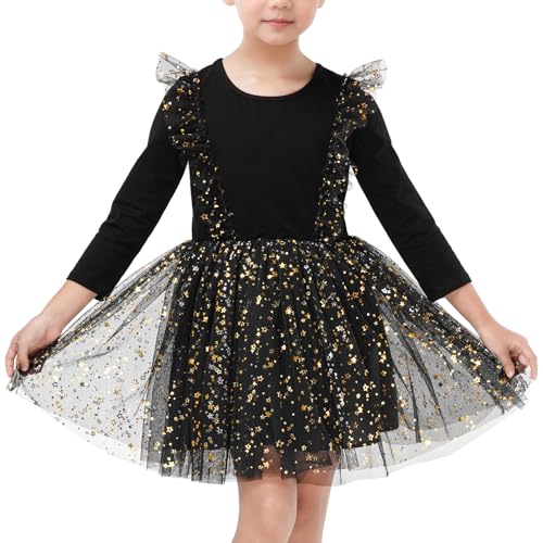 JiAmy Mädchen Kleider Kinder Festlich Tüll Prinzessin Tutu Partykleid Herbst und Winter Christmas Langarm Stern Pailletten Puffy Kleid für Mädchen 5-6 Jahre Schwarz von JiAmy