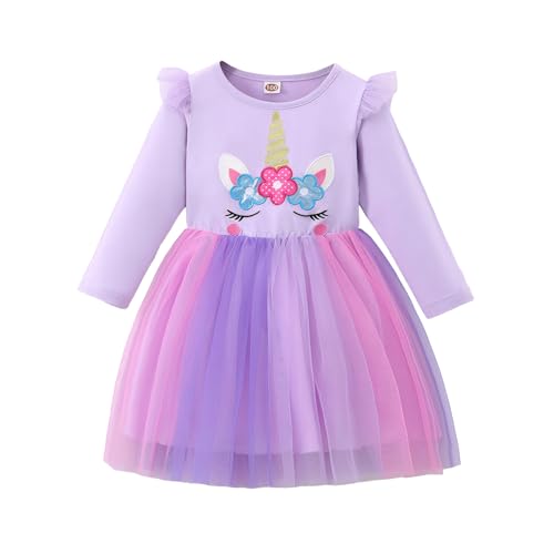 JiAmy Mädchen Kleider Kinder Tüll Meerjungfrau Prinzessin Partykleid Baumwolle Einhorn Herbst Winter Weihnachten Kleider für Mädchen 6-7 Jahre Violett von JiAmy