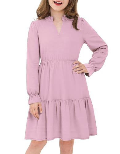 JiAmy Mädchen Kleider Langarm Elegante A-Linie V-Ausschnitt Partykleid Festlich Kleid Kinder Herbst Winter Abendkleid mit Taschen 150,Rosa von JiAmy