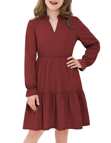 JiAmy Mädchen Kleider Langarm Elegante A-Linie V-Ausschnitt Partykleid Festlich Kleid Kinder Herbst Winter Abendkleid mit Taschen 150,Weinrot von JiAmy