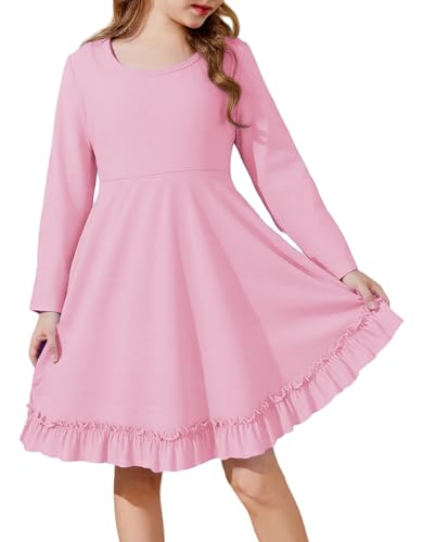 JiAmy Mädchen Kleider Langarm Festlich A-Line Swing Baumwolle Kleid Partykleid für Kinder Mädchenkleid 140,Hellrosa von JiAmy