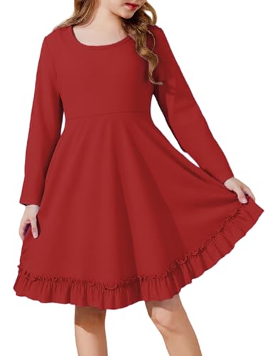 JiAmy Mädchen Kleider Langarm Festlich A-Line Swing Baumwolle Kleid Partykleid für Kinder Mädchenkleid 140,Rot von JiAmy