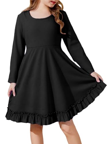 JiAmy Mädchen Kleider Langarm Festlich A-Line Swing Baumwolle Kleid Partykleid für Kinder Mädchenkleid 150,Schwarz von JiAmy