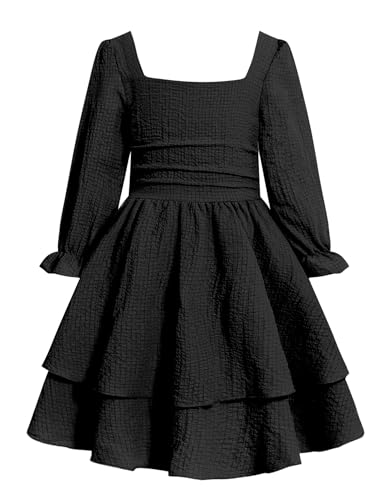 JiAmy Mädchen Kleider Langarm Kinderkleider Partykleider Mädchen Swing A-Linie Stufenkleider Abendkleider Kinder für 11-12 Jahre,Schwarz von JiAmy