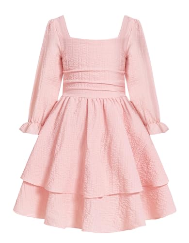 JiAmy Mädchen Kleider Langarm Kinderkleider Partykleider Mädchen Swing A-Linie Stufenkleider Abendkleider Kinder für 7-8 Jahre,Rosa von JiAmy