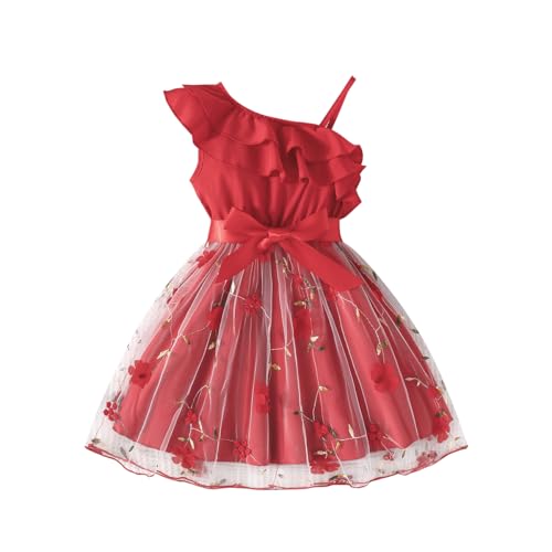 JiAmy Mädchen Kleider Prinzessin Kleid Rüschen Eine Schulter Spaghetti Blume Einstecksaum Hochzeit Mädchenkleid für 6-7 Jahre,Rot von JiAmy