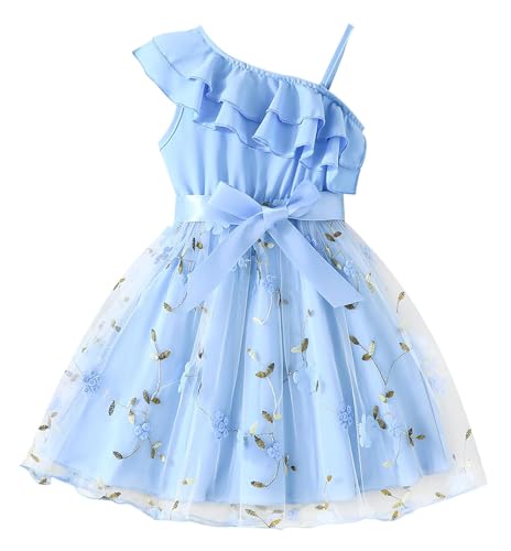JiAmy Mädchen Kleider Prinzessin Kleid Rüschen Eine Schulter Spaghetti Blume Einstecksaum Hochzeit Mädchenkleid für 4-5 Jahre,Blau von JiAmy