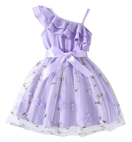 JiAmy Mädchen Kleider Prinzessin Kleid Rüschen One-Shoulder Spaghetti Blume Einstecksaum Hochzeit Mädchenkleid for 2-9 Jahre von JiAmy