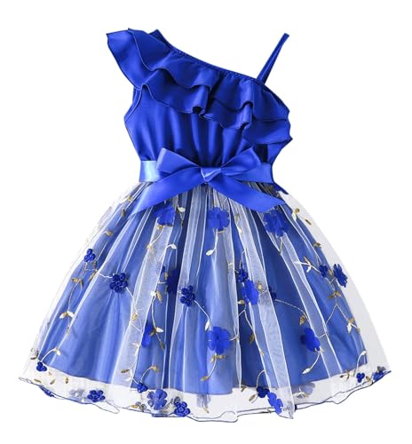 JiAmy Mädchen Kleider Prinzessin Kleid Rüschen Eine Schulter Spaghetti Blume Einstecksaum Hochzeit Mädchenkleid für 8-9 Jahre,Navy Blue von JiAmy