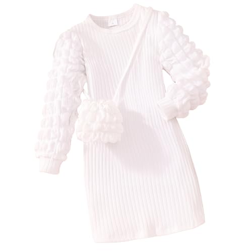 JiAmy Mädchen Kleider Puff Langarm A-Line Elegant Kleid Herbst Winter Kleidanzug mit Tasche Festliches Freizeit Kleider für Kinder 3 Jahre Weiß von JiAmy