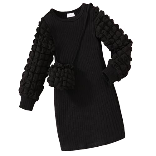 JiAmy Mädchen Kleider Puff Langarm A-Line Elegant Kleid Herbst Winter Kleidanzug mit Tasche Festliches Freizeit Kleider für Kinder 4 Jahre Schwarz von JiAmy