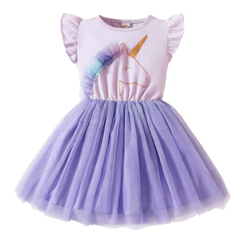JiAmy Mädchen Kleider Rüschen Kurzarm Ärmel Einhorn Druck Baumwolle Top Tüll Tutu Kleid Kinder Geburtstag Party Kleidung für Mädchen 5-6 Jahre Violett von JiAmy