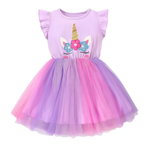 JiAmy Mädchen Kleider Rüschen Kurzarm Ärmel Einhorn Druck Baumwolle Top Tüll Tutu Kleid Kinder Geburtstag Party Kleidung für Mädchen 6-7 Jahre Hellviolett von JiAmy