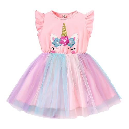 JiAmy Mädchen Kleider Rüschen Kurzarm Ärmel Einhorn Druck Baumwolle Top Tüll Tutu Kleid Kinder Geburtstag Party Kleidung für Mädchen 7-8 Jahre Hellrosa von JiAmy