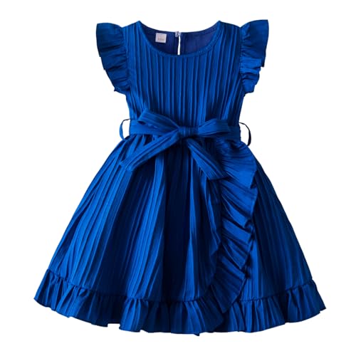 JiAmy Mädchen Kleider Rüschenärmel Kinderkleider Festlich Sommerkleid Einfarbig Kinderkleid A Linie Partykleider mit Gürtel 2–3 Jahre, Blau von JiAmy