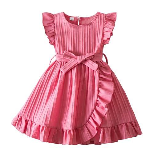 JiAmy Mädchen Kleider Rüschenärmel Kinderkleider Festlich Sommerkleid Einfarbig Kinderkleid A Linie Partykleider mit Gürtel 3–4 Jahre, Rosa von JiAmy