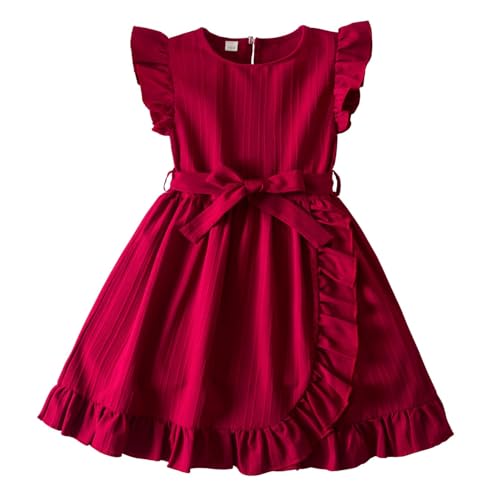 JiAmy Mädchen Kleider Rüschenärmel Kinderkleider Festlich Sommerkleid Einfarbig Kinderkleid A Linie Partykleider mit Gürtel Alter 5-6, Rot von JiAmy