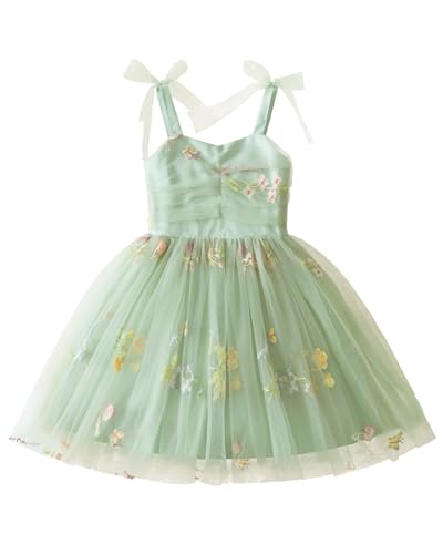 JiAmy Mädchen Kleider Schleife Träger Kleid A Linie Rüschen Tüll Kleinkind Kleid Grüne Riemenblume für 2-3 Jahre von JiAmy
