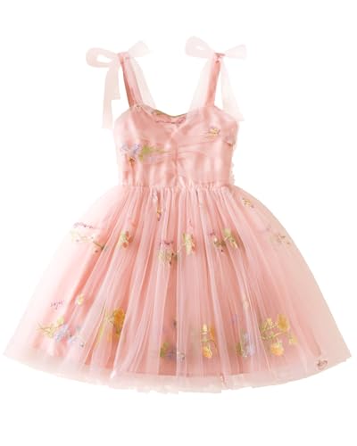 JiAmy Mädchen Kleider Schleife Träger Kleid A Linie Rüschen Tüll Kleinkind Kleid Riemenblume für 3-4 Jahre von JiAmy