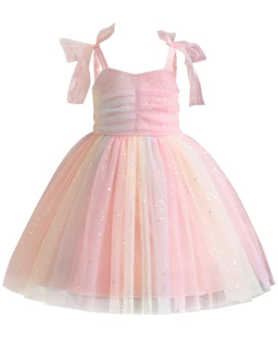 JiAmy Regenbogenkleider Mädchen Ärmellos Tüllkleid Rosa Rock mit Pailletten Trägerkleid mit Schleife Regenbogenkleid für Kinder für 2-3 Jahre von JiAmy