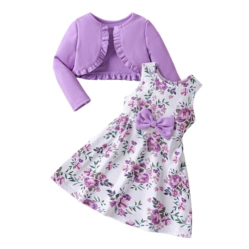 JiAmy Mädchen Kleider und Strickjacke 2Pcs Outfits Set Kleinkind Langarm Gestrickt Rüschen Mantel Floral Print Freizeitkleid Herbst Kleidung für 12-24 Monate Violett von JiAmy