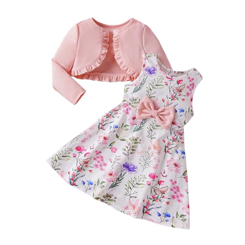 JiAmy Mädchen Kleider und Strickjacke 2Pcs Outfits Set Kleinkind Langarm Gestrickt Rüschen Mantel Floral Print Freizeitkleid Herbst Kleidung für 3-4 Jahre Rosa von JiAmy