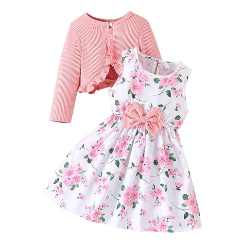 JiAmy Mädchen Kleider und Strickjacke 2Pcs Outfits Set Kleinkind Langarm Gestrickt Rüschen Mantel Floral Print Freizeitkleid Herbst Kleidung für 4 Jahre Rosa Blume von JiAmy
